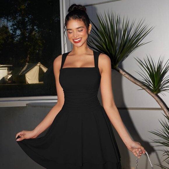 Women's Black Satin Bodycon Mini Dress Square Neck Ruched Waist Casual - Picture 3 of 7